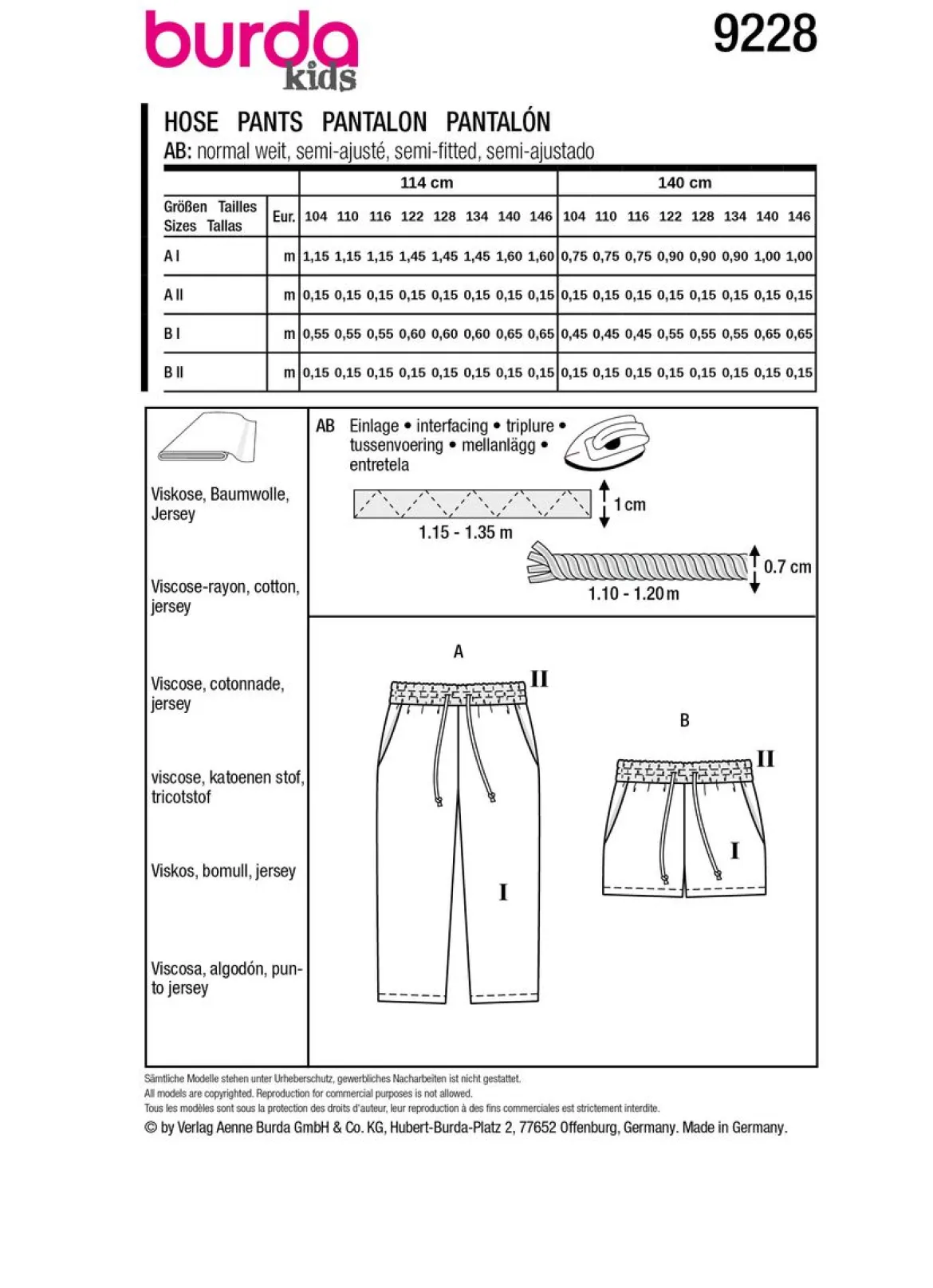 Burda Schnittmuster 9228 Kinder Hose Shorts
