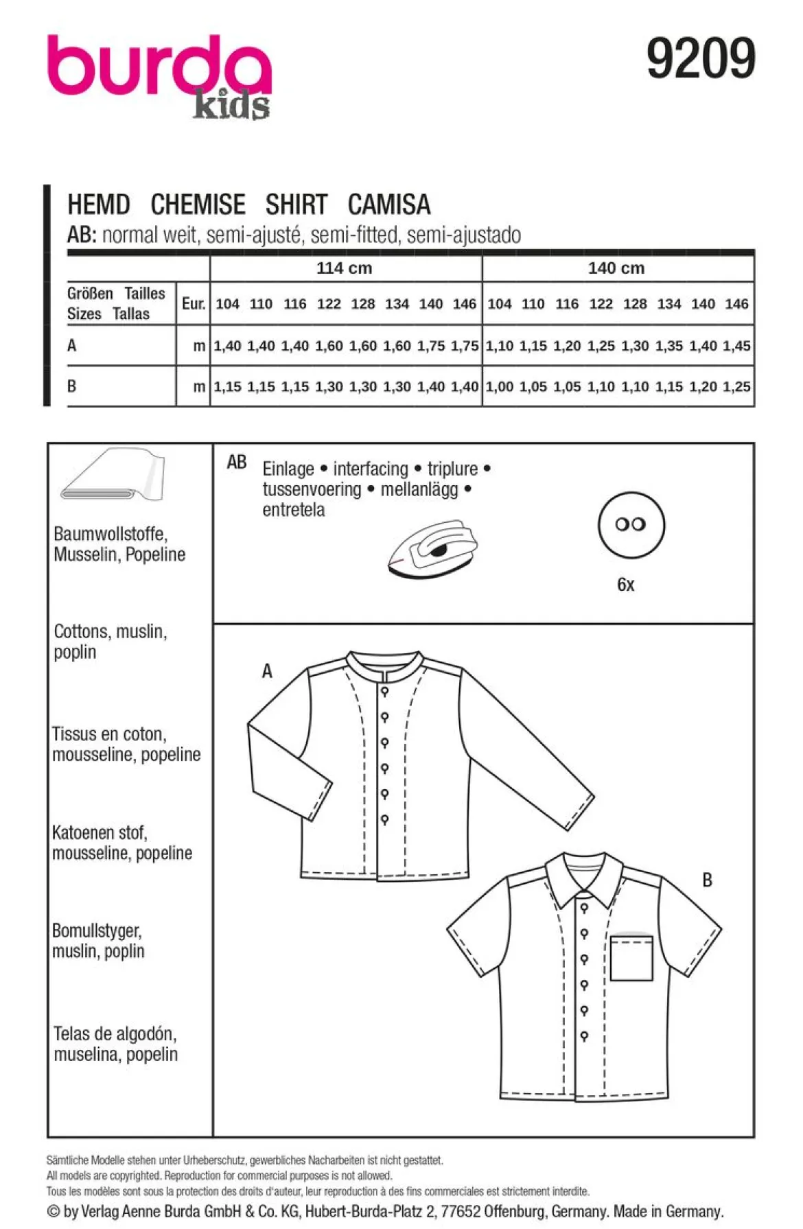 Burda Schnittmuster 9209 Kinder Hemd