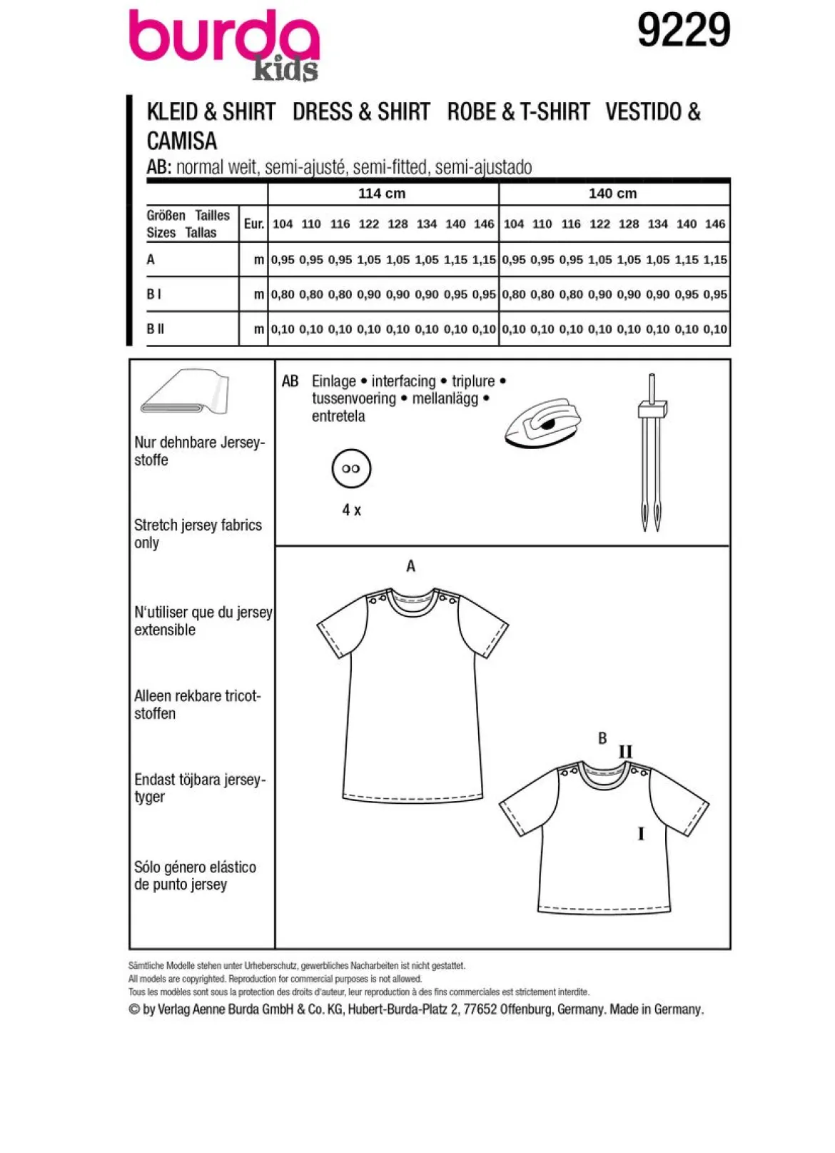 Burda Schnittmuster 9229 Kinder Kleid Shirt