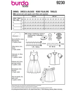 Burda Schnittmuster 9230 Kinder Kleid Dirndl