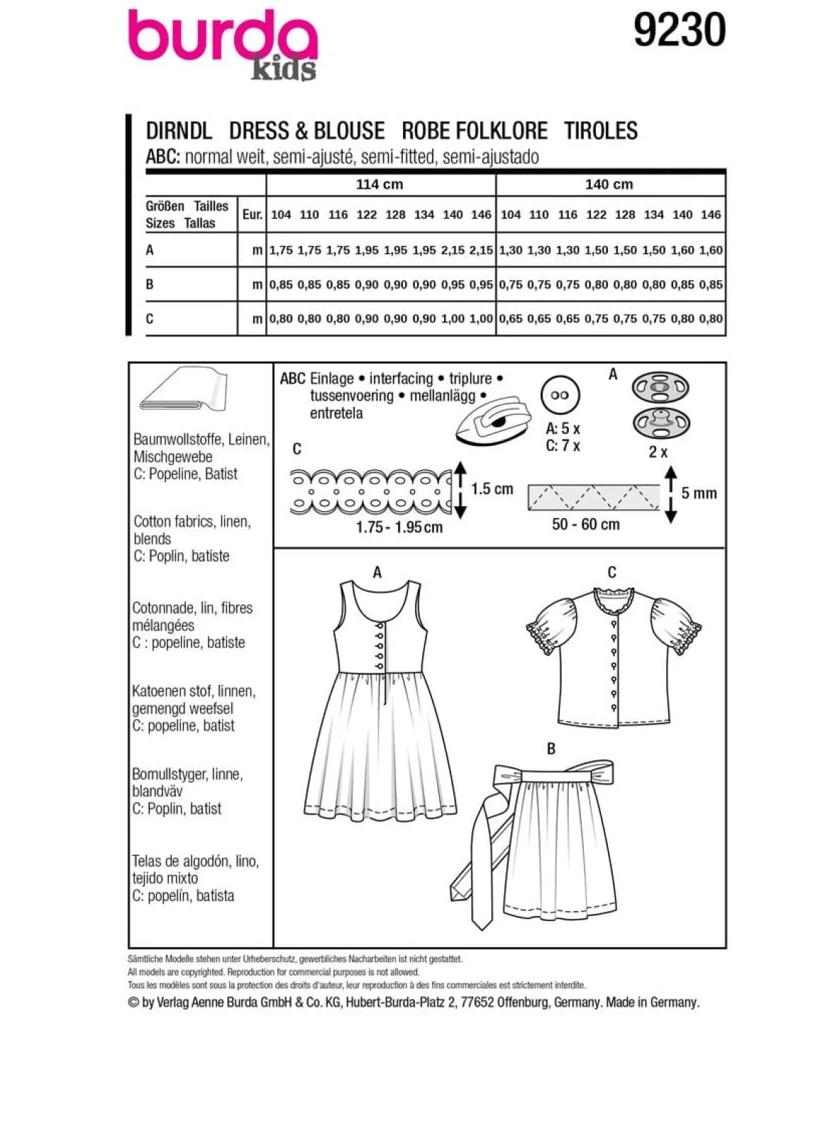 Burda Schnittmuster 9230 Kinder Kleid Dirndl
