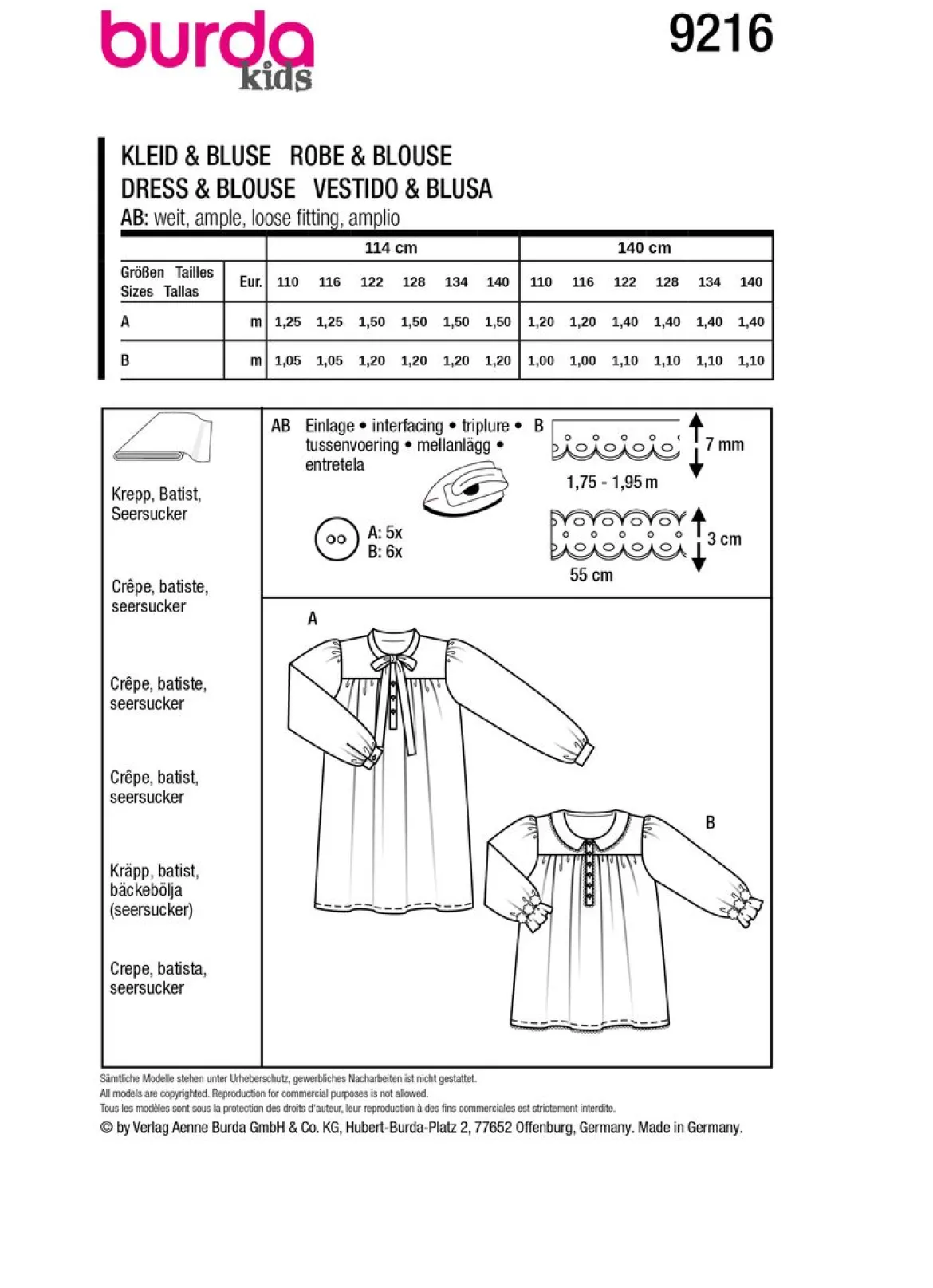 Burda Schnittmuster 9216 Kinder Kleid & Bluse