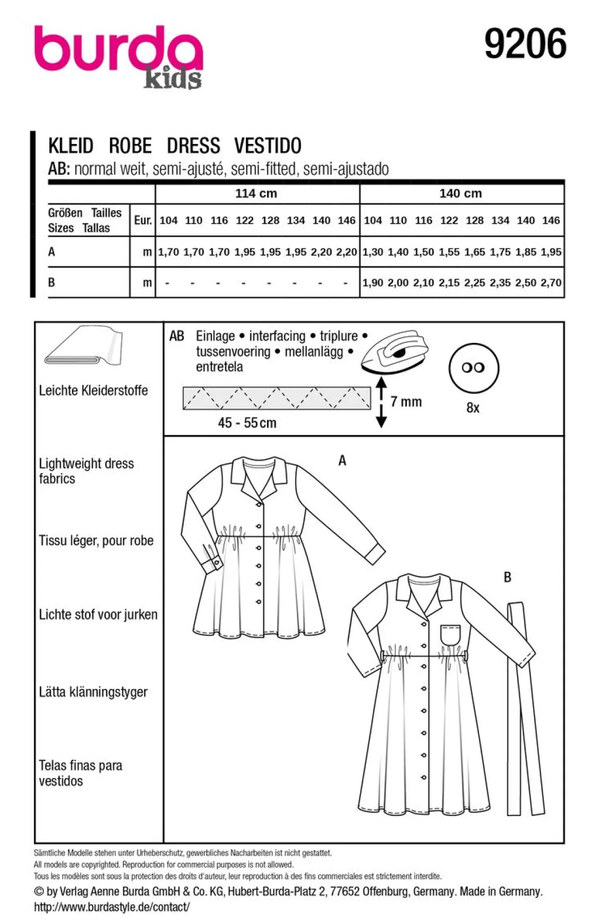 Burda Schnittmuster 9206 Kinder Kleid