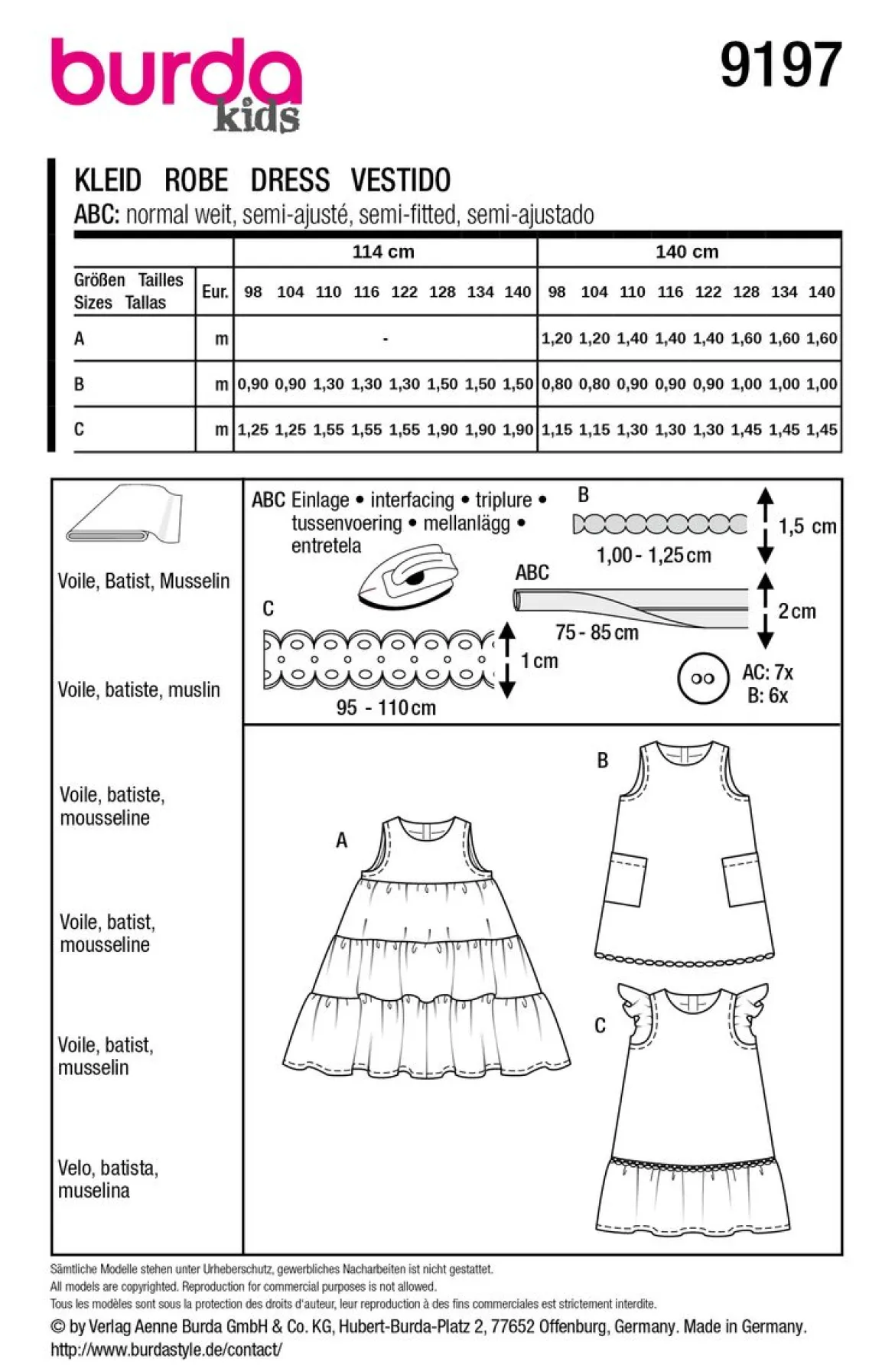 Burda Schnittmuster 9197 Kinder Kleid