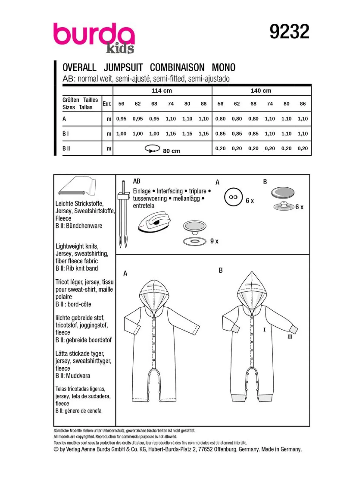 Burda Schnittmuster 9232 Kinder Overall