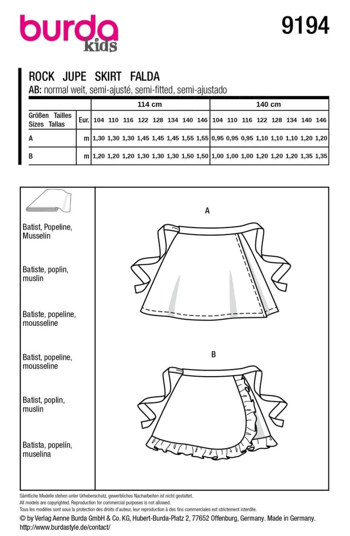 Burda Schnittmuster 9194 Kinder Rock