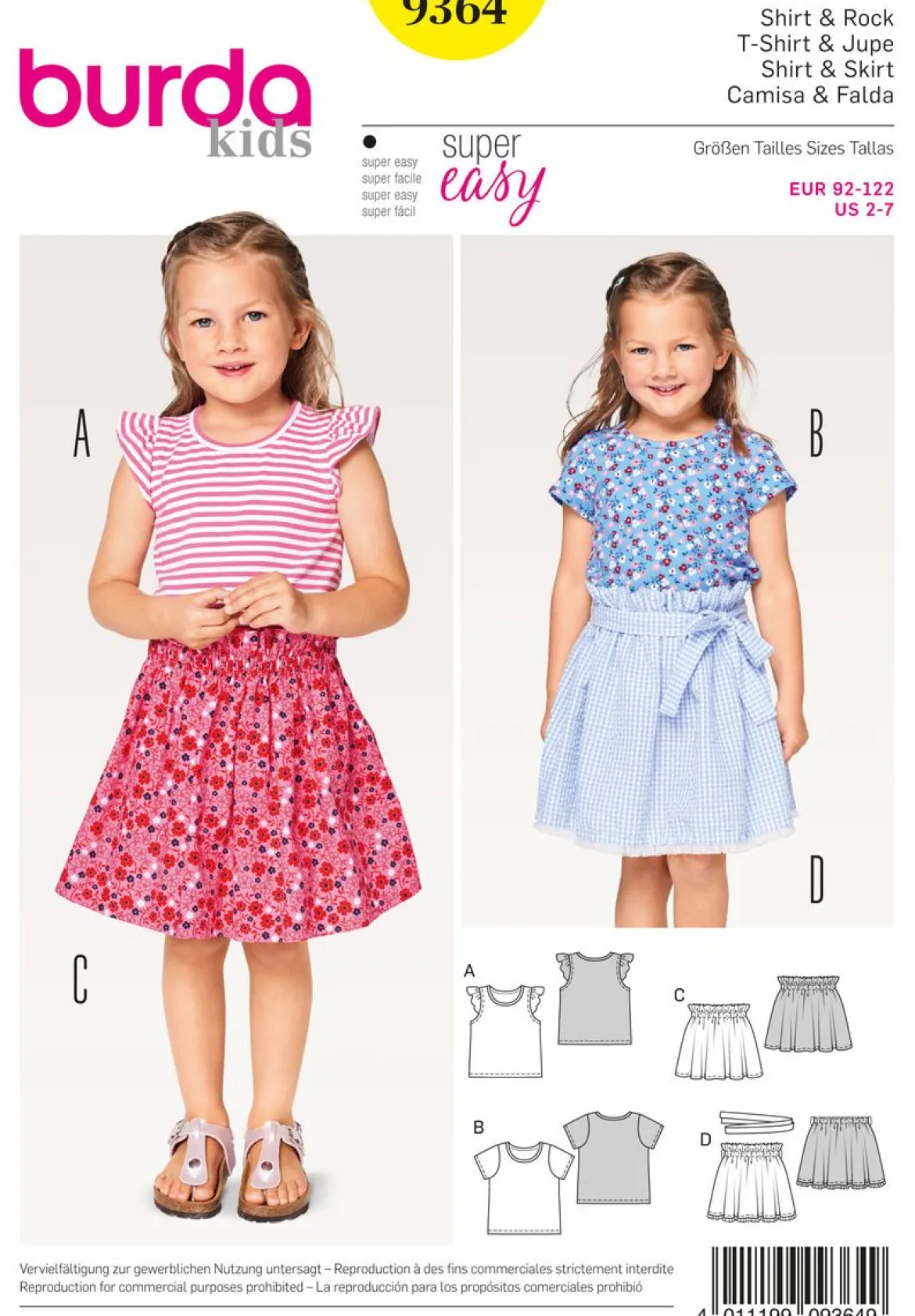 Burda Schnittmuster 9364 Shirt und Rock Kinder Größe 92-122
