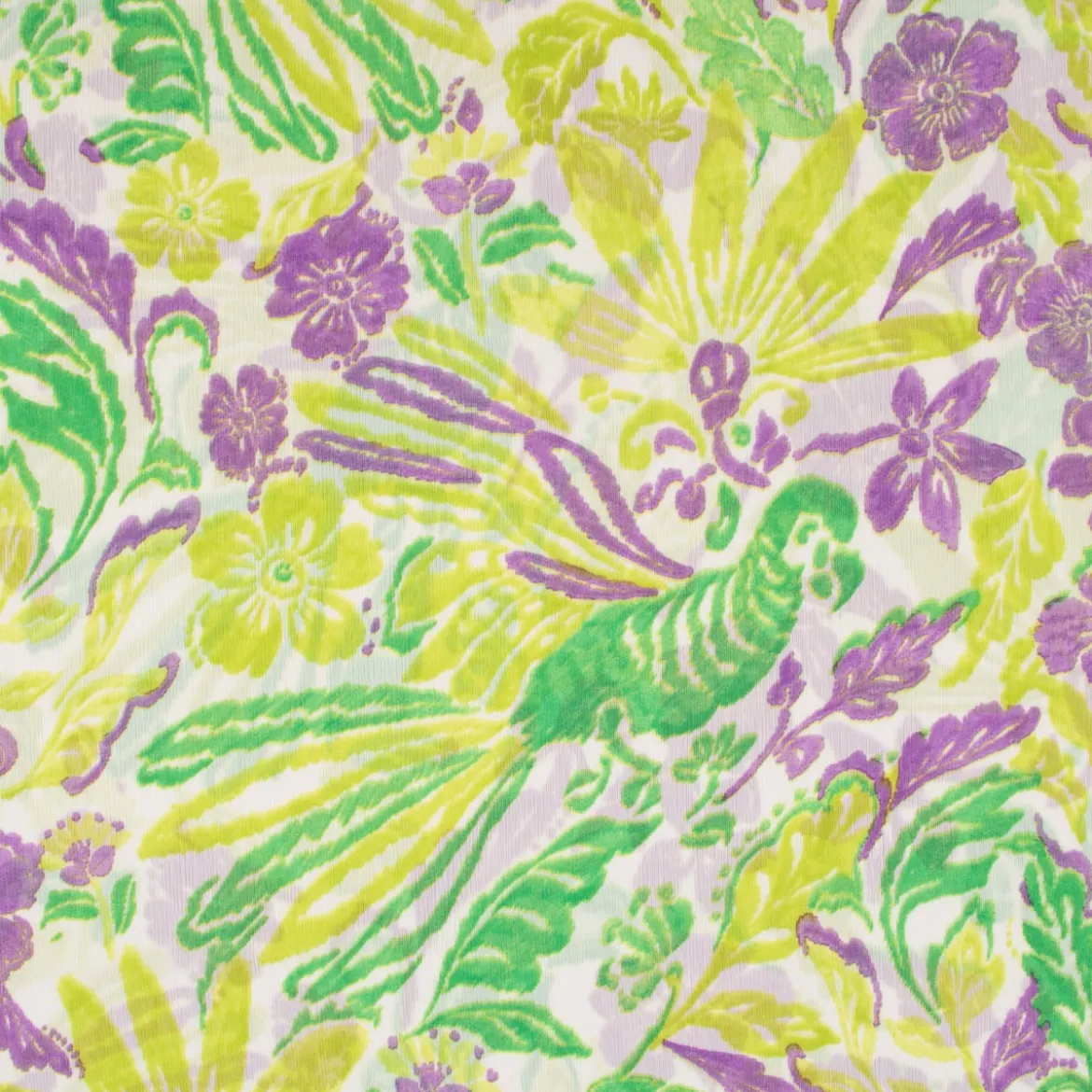 Chiffon Blumen Papagei grün gelb lila 1,49m Breite