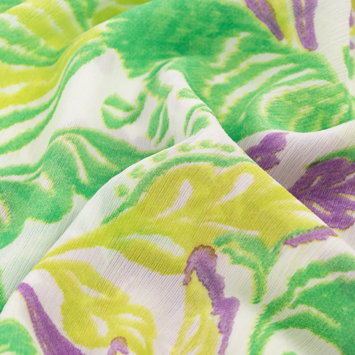 Chiffon Blumen Papagei grün gelb lila 1,49m Breite