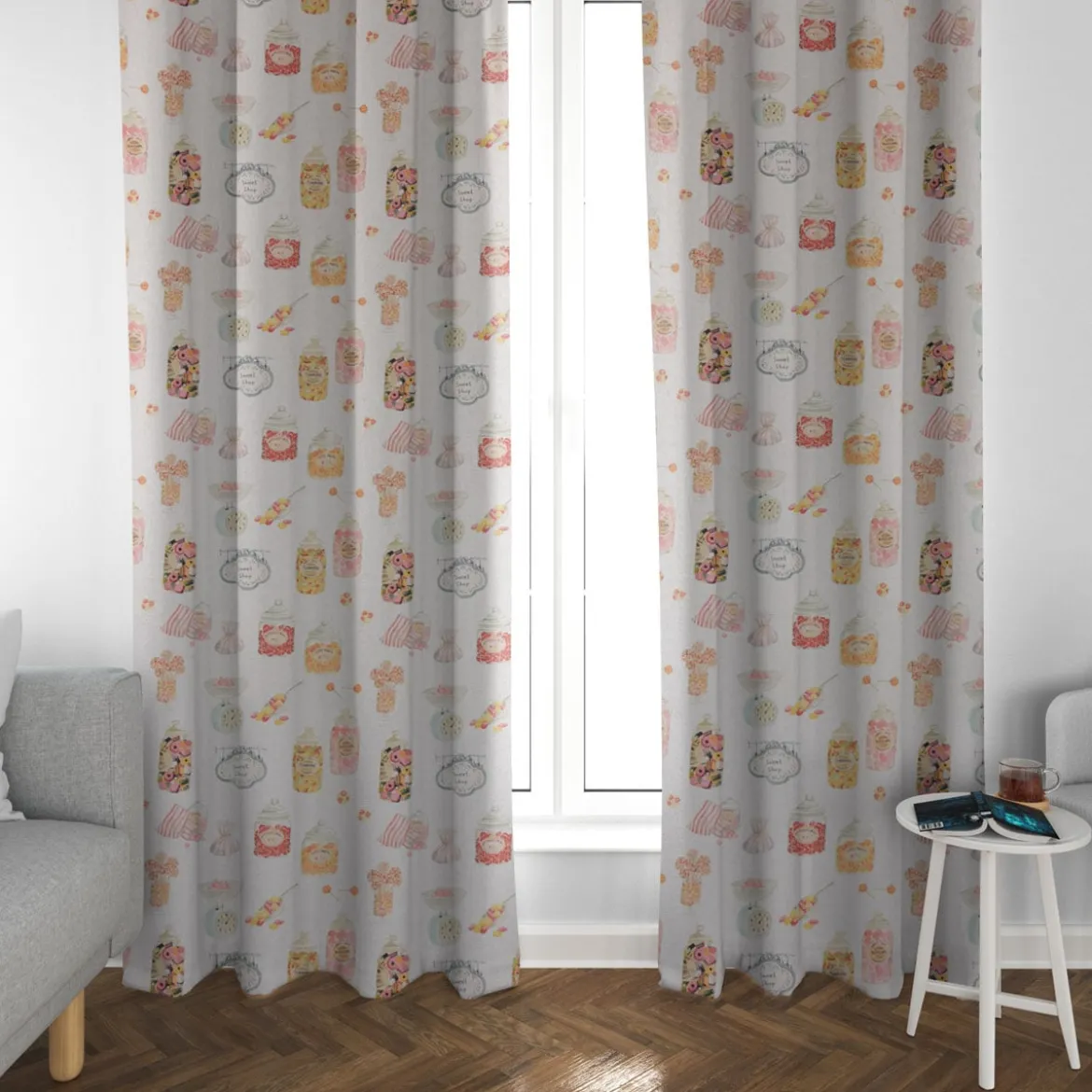 Clarke & Clarke STUDIO G Digitaldruck Süßigkeiten Bonbons Candyshop ecru multi 138cm Breite