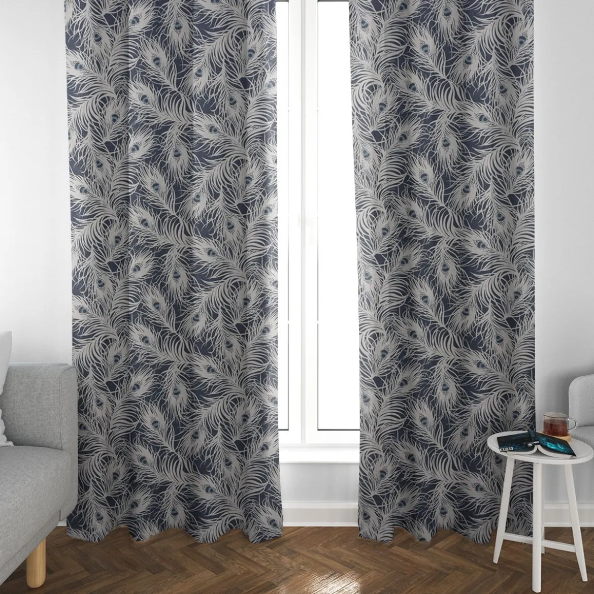 Clarke & Clarke STUDIO G Englischer Dekostoff Polsterstoff Federn Pfau dunkelblau weiß blau 138cm Breite