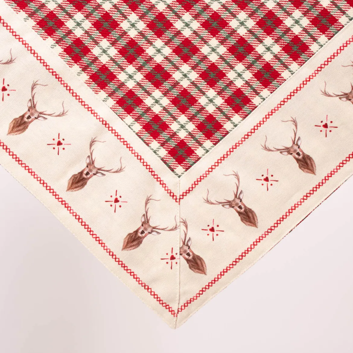 Clayre & Eef Mitteldecke Wende-Tischdecke Karo Hirsche beige rot grün 100x100cm