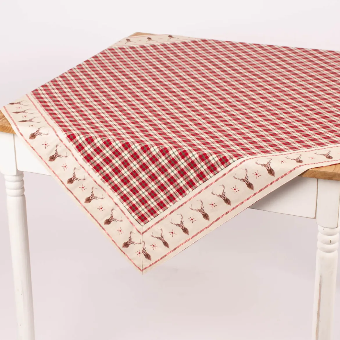 Clayre & Eef Mitteldecke Wende-Tischdecke Karo Hirsche beige rot grün 100x100cm