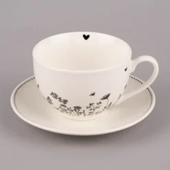 Clayre & Eef Tasse mit Untertasse Wiesenblumen Porzellan cremeweiß schwarz 200ml