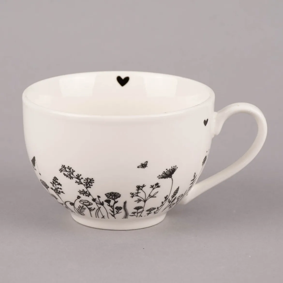 Clayre & Eef Tasse mit Untertasse Wiesenblumen Porzellan cremeweiß schwarz 200ml