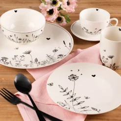 Clayre & Eef Tasse mit Untertasse Wiesenblumen Porzellan cremeweiß schwarz 200ml