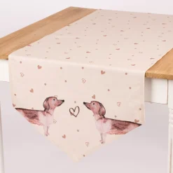 Clayre & Eef Tischläufer mit Dreiecksabschluss Dackel Herzen Punkte beige braun altrosa 50x160cm
