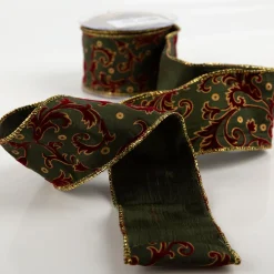Dekoband Arabesque mit Velour und Metalldraht grün lila gold 6,4cm Breite