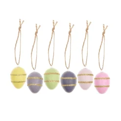 Deko Eier zum Hängen aus Kunststoff mit goldfarbigen Glitzerstreifen rosa grün lila gelb 6 Stück 2,7x4cm von Rico Design