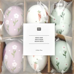 Deko Eier zum Hängen aus Kunststoff Blumen Karotten weiß lila mint 6 Stück 4x6cm von Rico Design