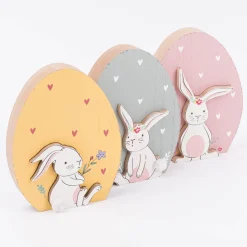 Dekofigur Ei mit Hasen Cut-Out aus MDF in rosa mint oder gelb 14x2,5x18cm