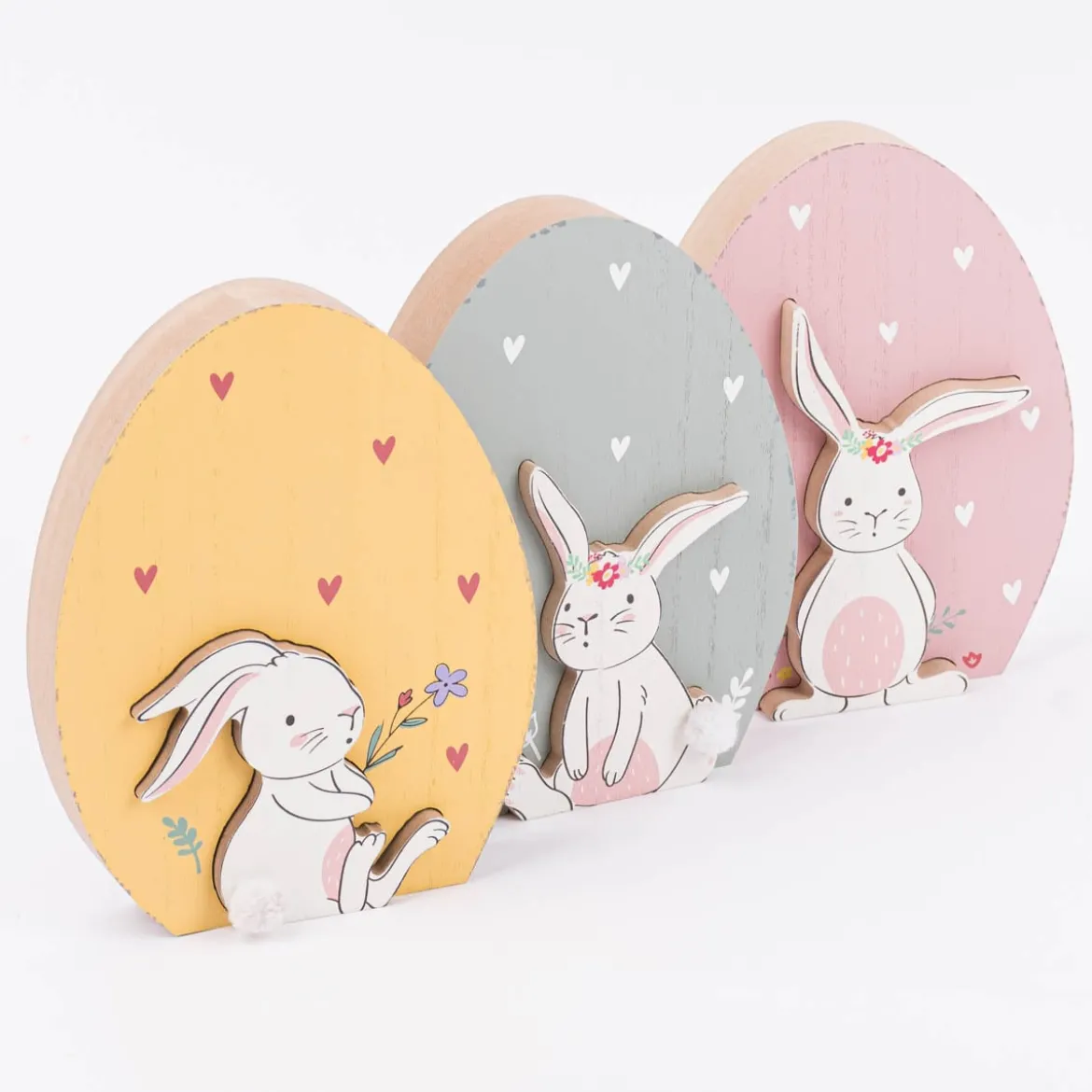 Dekofigur Ei mit Hasen Cut-Out aus MDF in rosa mint oder gelb 14x2,5x18cm