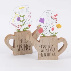 Dekofigur Gießkanne mit Blumen aus MDF Hello Spring oder Spring is in the Air natur bunt 14x2x17cm