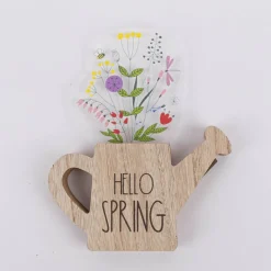Dekofigur Gießkanne mit Blumen aus MDF Hello Spring oder Spring is in the Air natur bunt 14x2x17cm