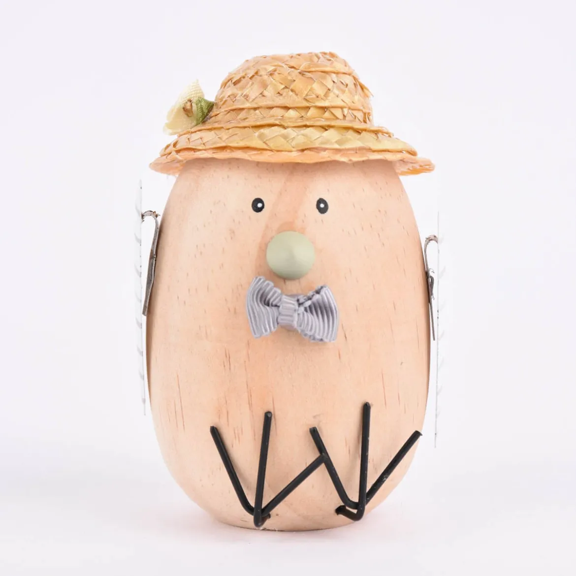 Deko Figur Vogel mit Strohhut Holz Metall natur grau weiß 7x11cm