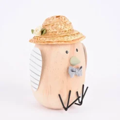 Deko Figur Vogel mit Strohhut Holz Metall natur grau weiß 7x11cm