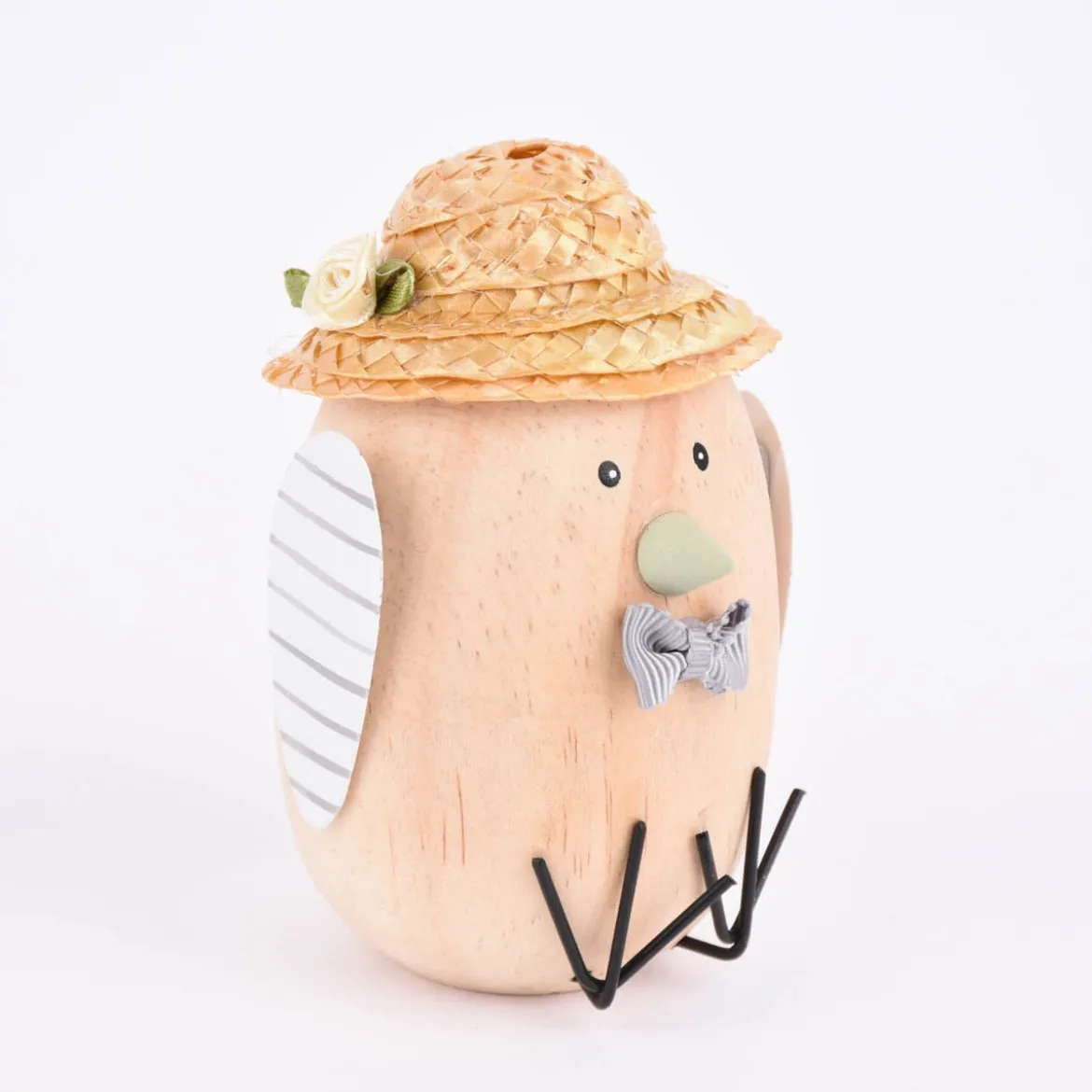 Deko Figur Vogel mit Strohhut Holz Metall natur grau weiß 7x11cm