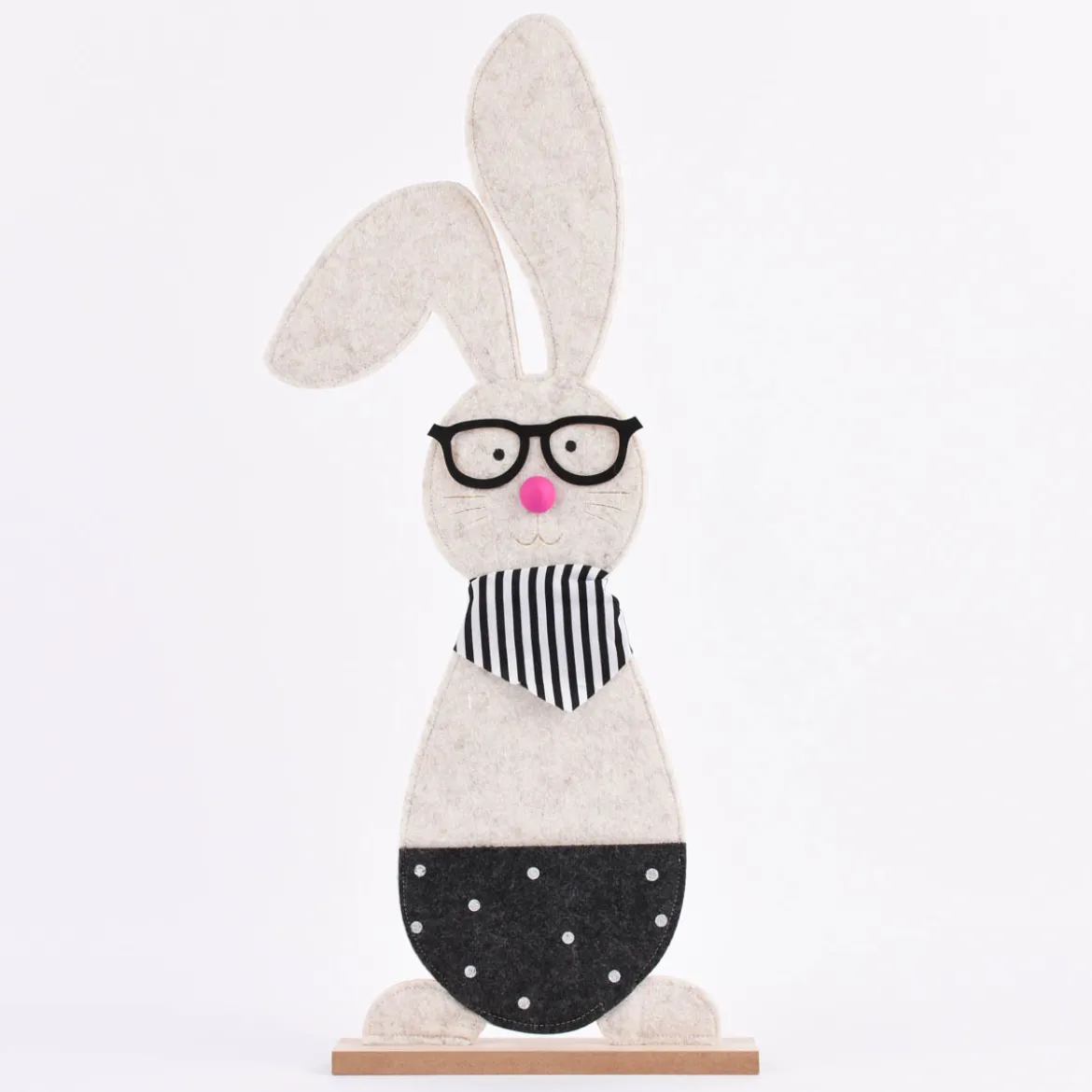 Deko Hase mit Brille und Halstuch Filz Holz natur schwarz weiß mit oder ohne Knickohr 23x58x5cm