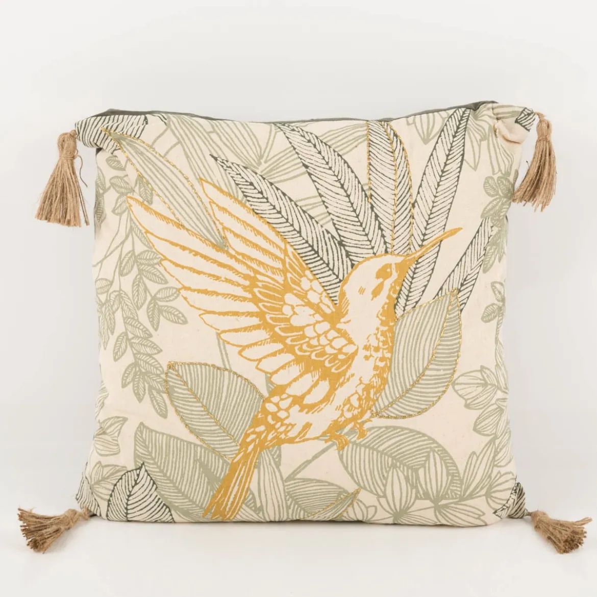Dekokissen Kolibri Blätter grün gelb beige 40x40cm