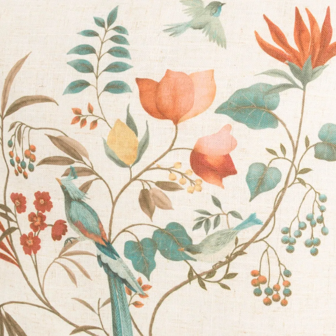 Dekokissen Leinenstruktur Vögel Blumen Blätter natur marsala grün 45x45cm
