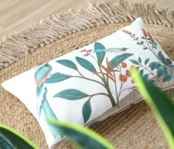 Dekokissen Leinenstruktur Vögel Blumen Blätter natur marsala grün 30x50cm