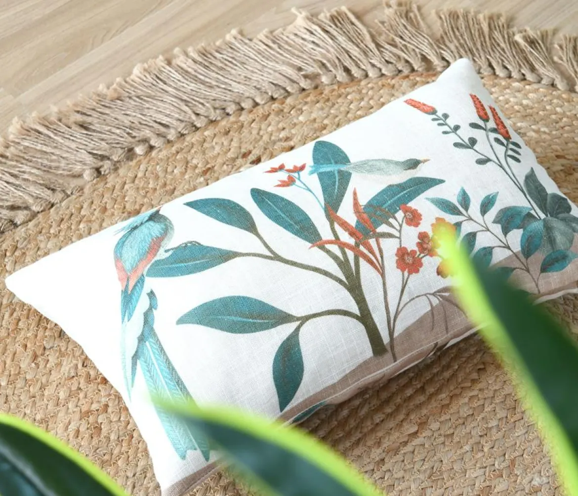 Dekokissen Leinenstruktur Vögel Blumen Blätter natur marsala grün 30x50cm