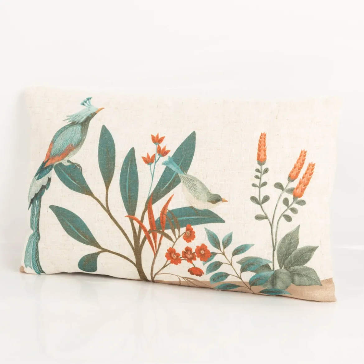 Dekokissen Leinenstruktur Vögel Blumen Blätter natur marsala grün 30x50cm