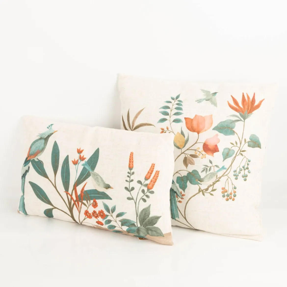 Dekokissen Leinenstruktur Vögel Blumen Blätter natur marsala grün 30x50cm