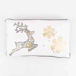 Deko Kissen mit Kederumrandung bedruckt Hirsch Schneeflocken mit Foliendruck weiß grau goldfarbig 30x50cm