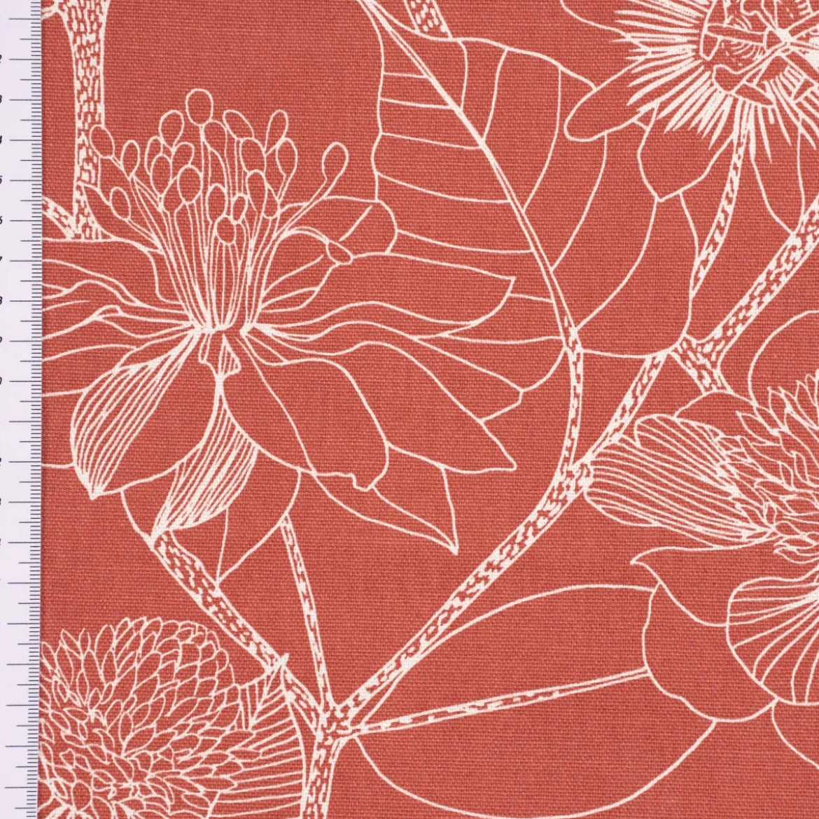 Dekostoff Baumwolle Canvas Orkeo Blumen Blätter Zeichnung marsala-rot weiß 1,5m Breite