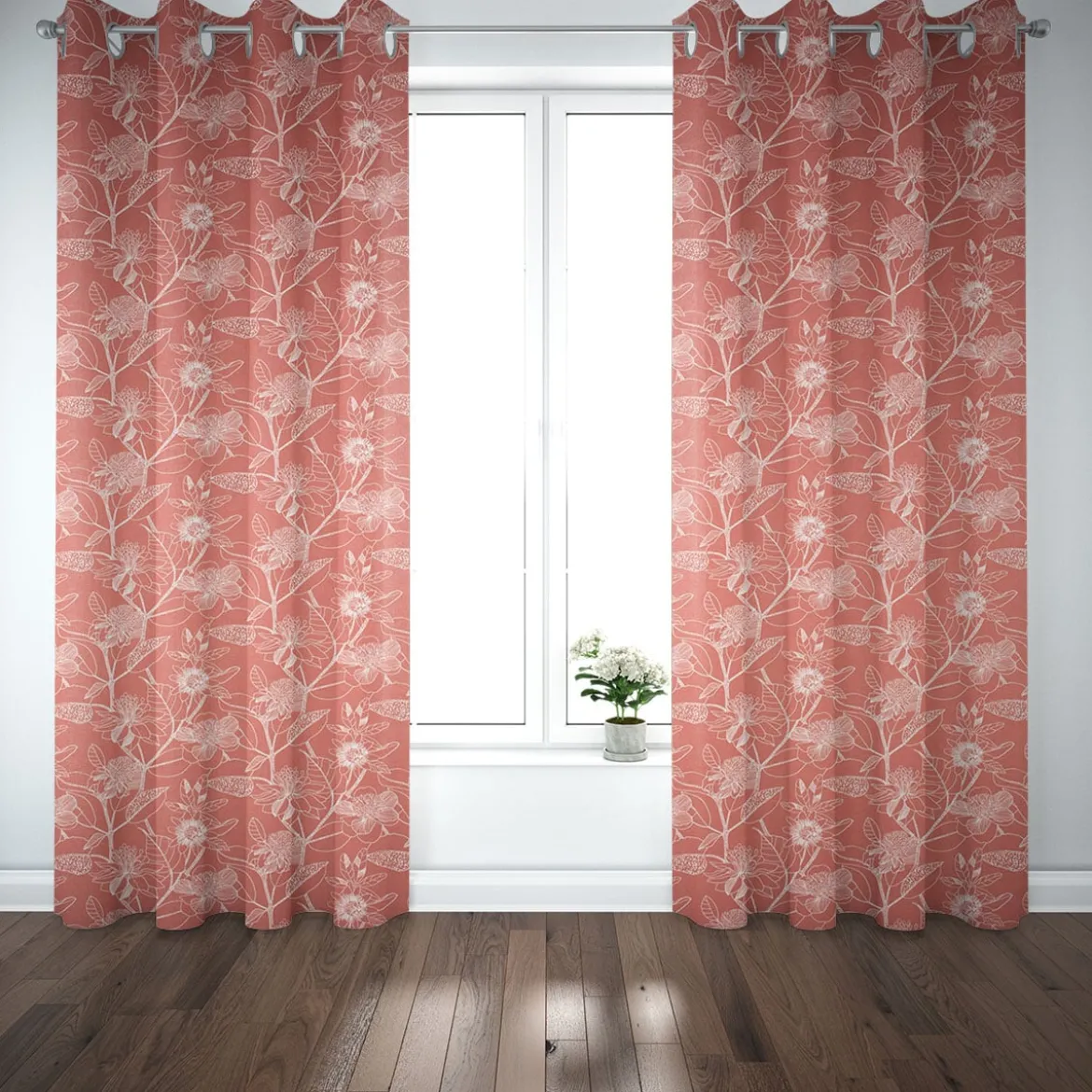 Dekostoff Baumwolle Canvas Orkeo Blumen Blätter Zeichnung marsala-rot weiß 1,5m Breite