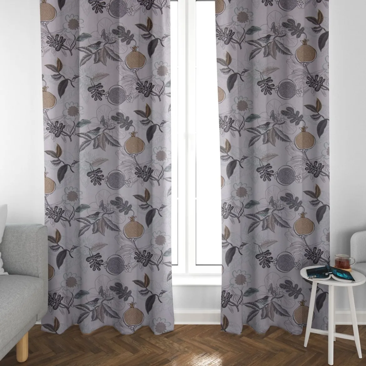 Dekostoff Baumwolle DIVALI Blumen Blüten Blätter Vogel weiß grau mint braun 1,5m Breite