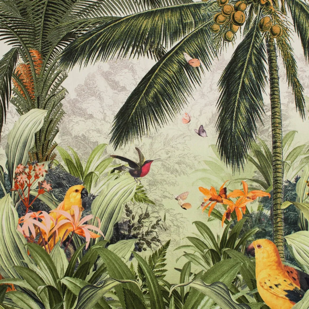 Dekostoff Baumwolle Halbpanama Garden of Eden Panel Palmen Vögel 1Stk 140x140cm