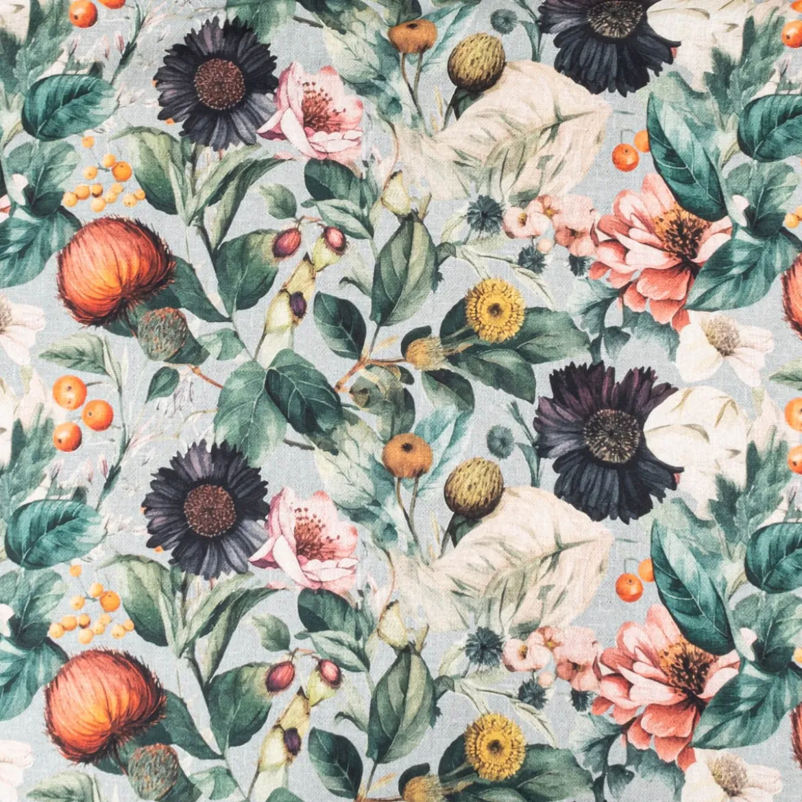 Dekostoff Baumwollstoff Canvas Stoff Vorhangstoff Digitaldruck Vintage Blumen blaugrau 1,40m Breite