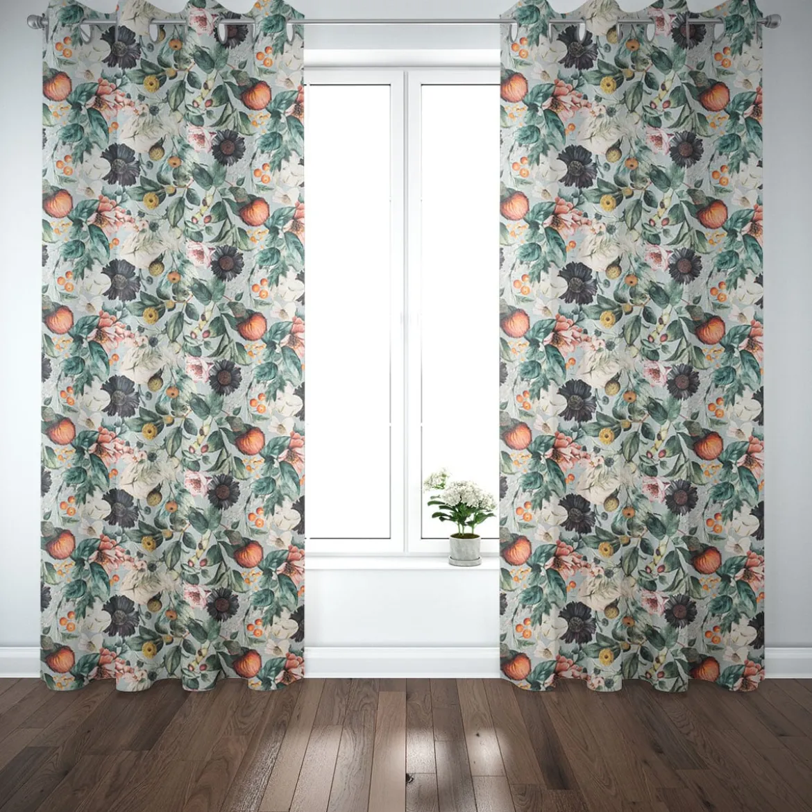 Dekostoff Baumwollstoff Canvas Stoff Vorhangstoff Digitaldruck Vintage Blumen blaugrau 1,40m Breite