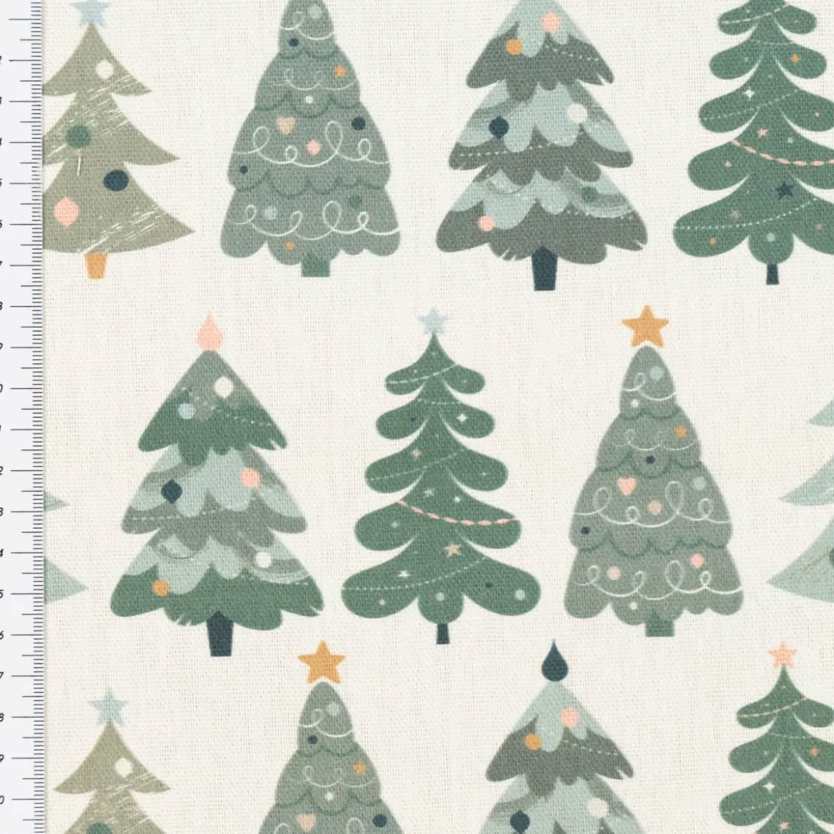 Dekostoff Baumwollstoff Halbpanama Weihnachtsstoff Merry Christmas Weihnachtsbäume ecru grün 1,40m Breite
