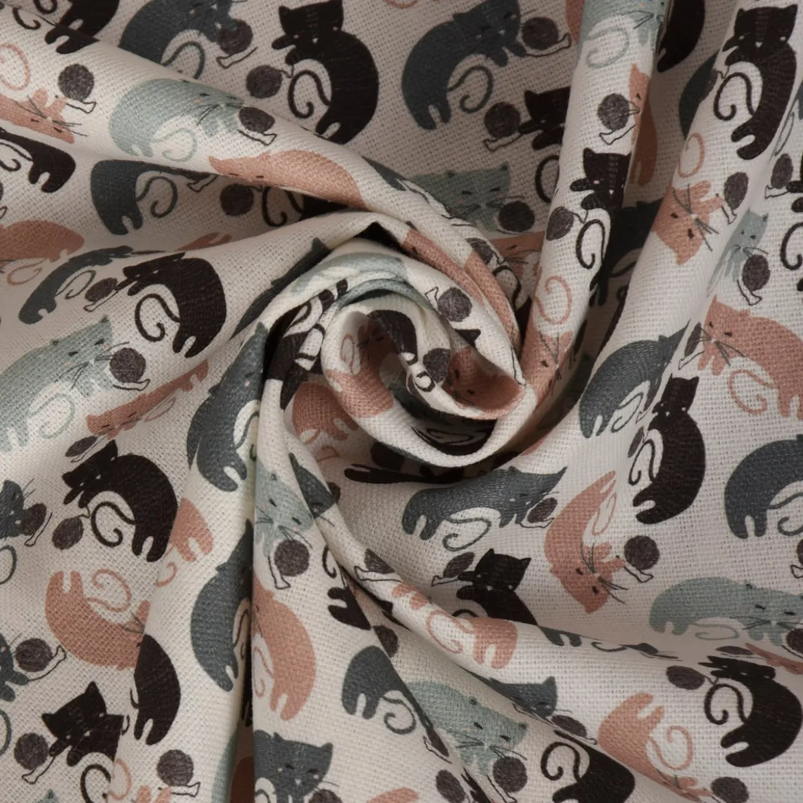 Dekostoff Baumwollstoff Halbpanama Katzen mit Wollknäuel weiß mint rosa schwarz 1,40m Breite