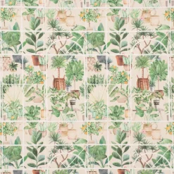 Dekostoff Baumwollstoff Halbpanama Digitaldruck Wintergarten Pflanztöpfe beige grün 1,40m Breite