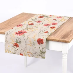 Dekostoff Baumwollstoff Halbpanama Poppy Mohnblumen Kamille Getreide beige rot 1,40m Breite
