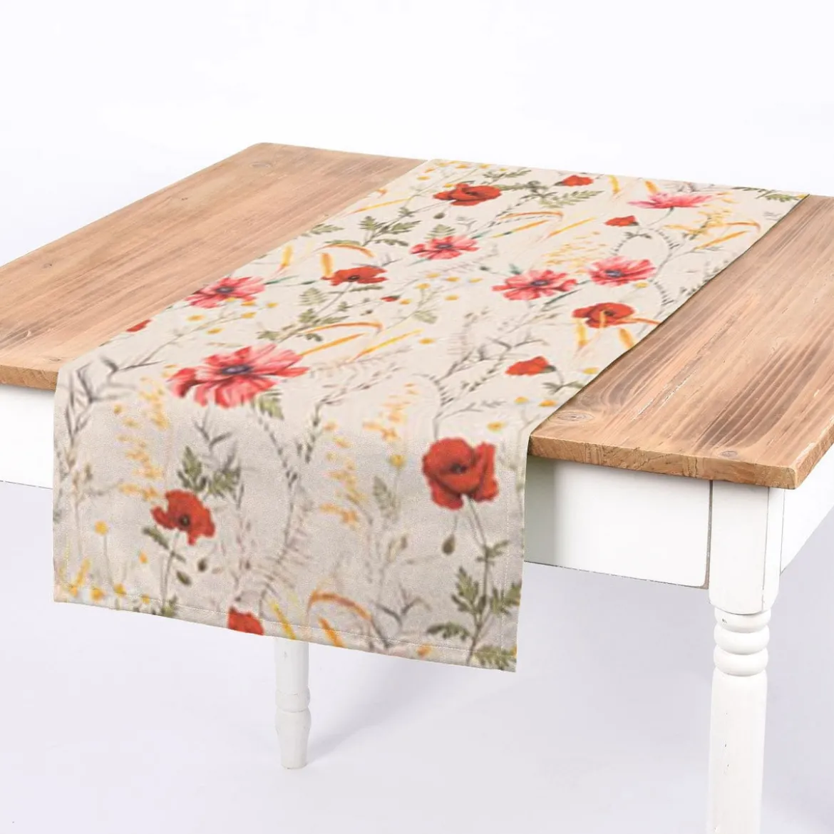 Dekostoff Baumwollstoff Halbpanama Poppy Mohnblumen Kamille Getreide beige rot 1,40m Breite